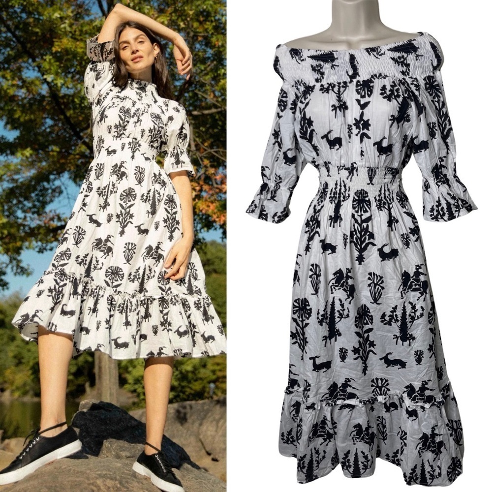 Guadalupe Inaya 100% cotton white and black midi Dress sz S